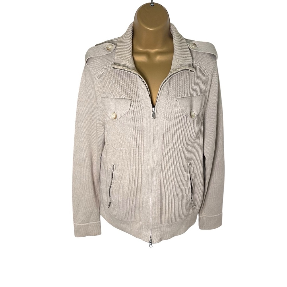 Y2K Banana Republic Military Zip Up Knit Jacket Ribbed Cotton Taupe S
